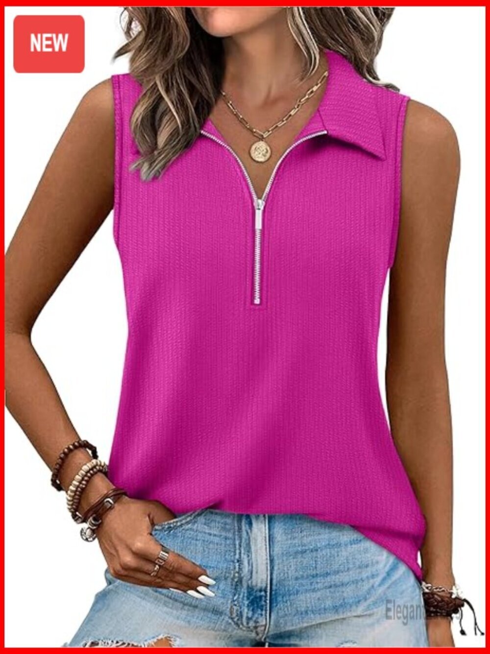 V-Neck Ribbed Tank Top with Zipper, Polo Collar, Loose Fit